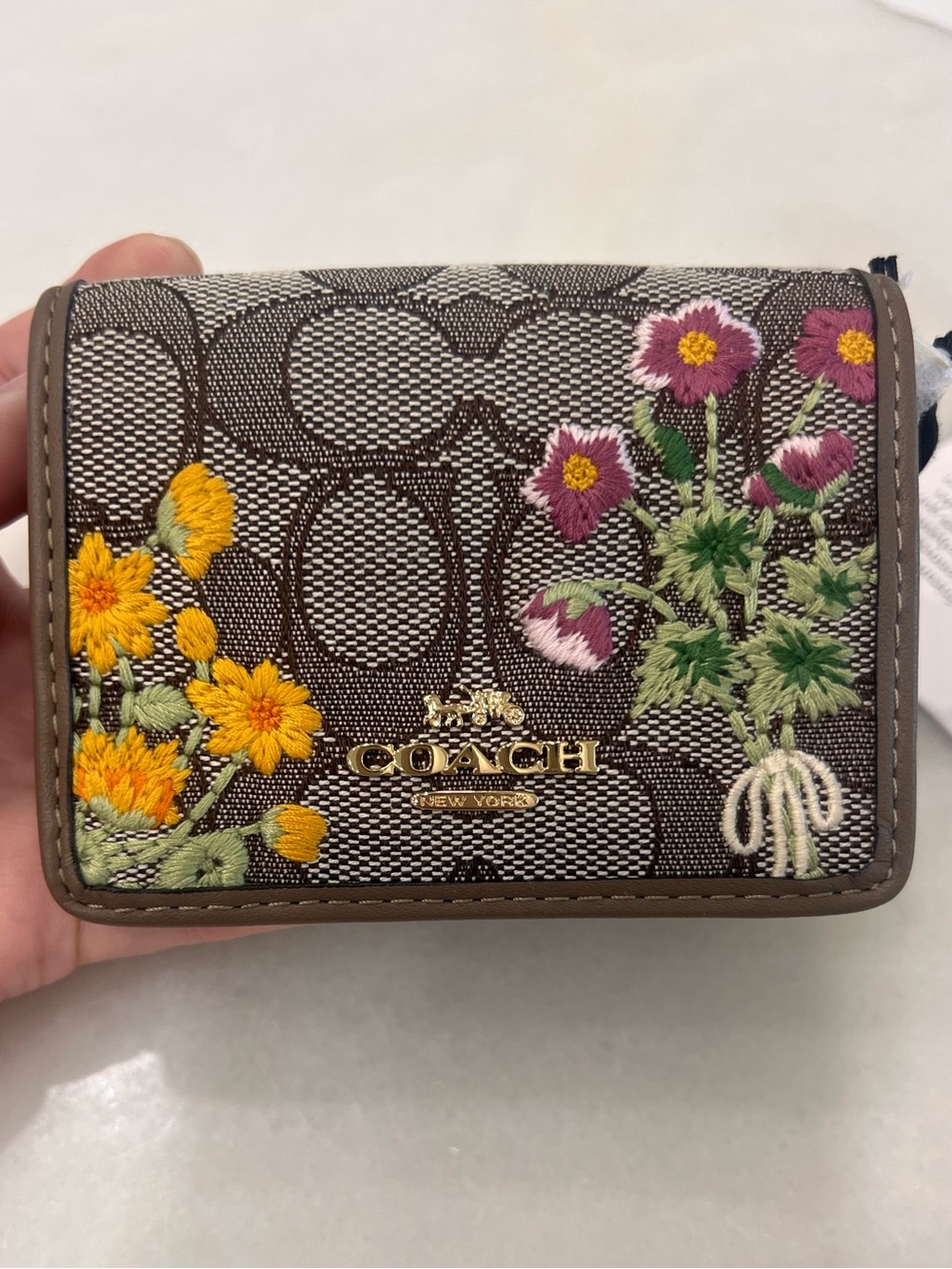 Coach Mini Wallet On A Chain In Signature Jacquard With Floral Embroidery
